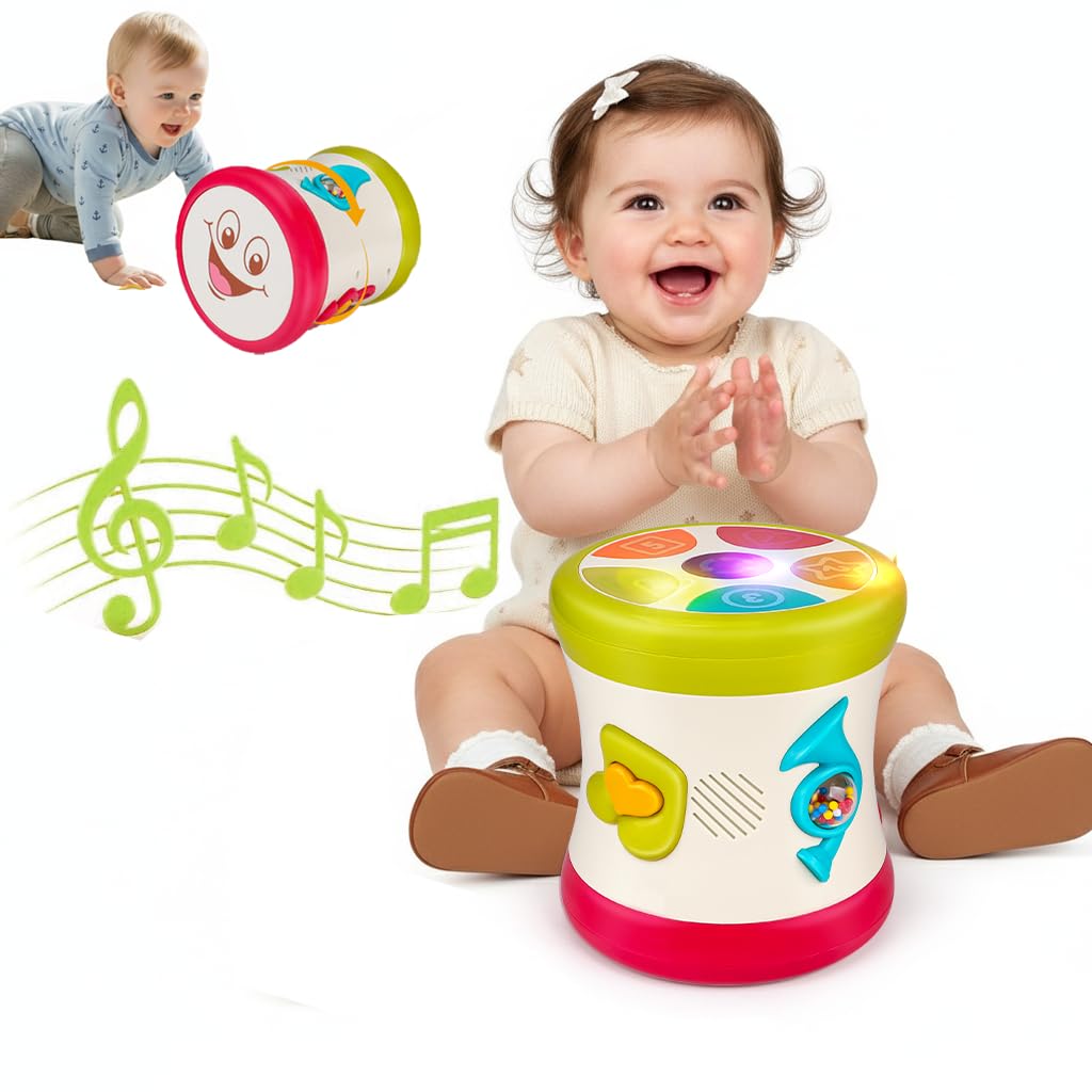 Colorful nicknack baby drum kit with lights, designed for sensory play and learning for infants and toddlers aged 12-18 months.