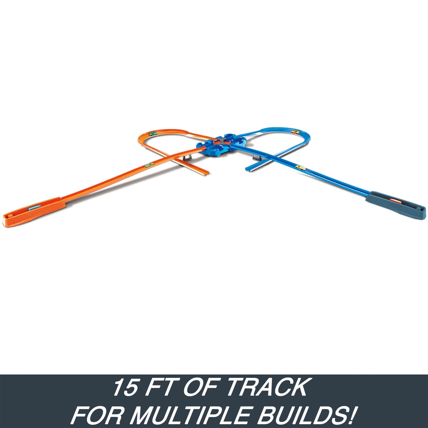Hot Wheels Track Builder Deluxe Stunt Box with dual launchers, 5 meters of track, and two toy cars for kids age 6 and up.