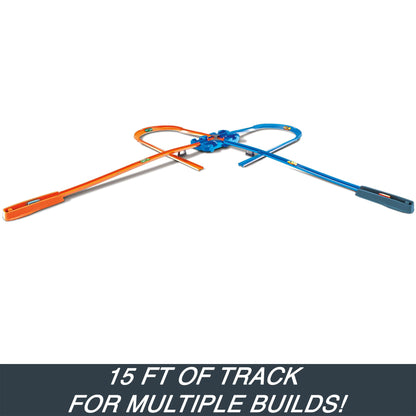 Hot Wheels Track Builder Deluxe Stunt Box with dual launchers, 5 meters of track, and two toy cars for kids age 6 and up.