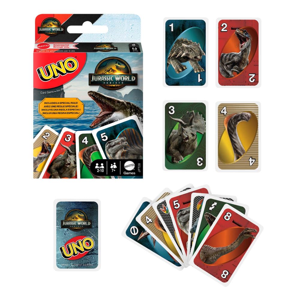 Mattel Games UNO Jurassic World Rebirth Card Game for Kids, Family & Adult Games Nights, Deck with Special Rule & Images Inspired by the Movie, JFT28