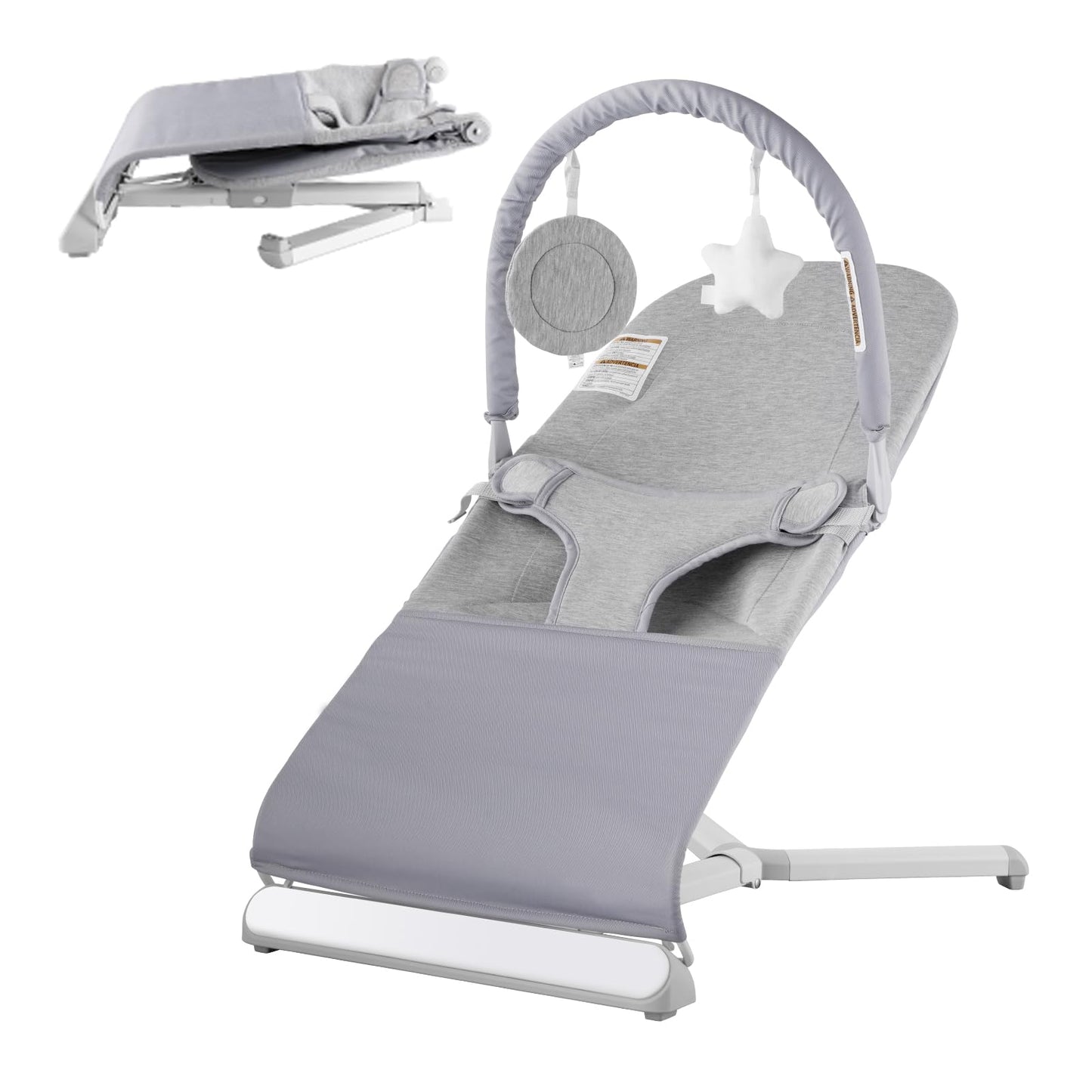 VEVOR baby bouncer seat with reclining angles, rotatable toy bar, portable infant rocker, suitable for indoor and outdoor use.