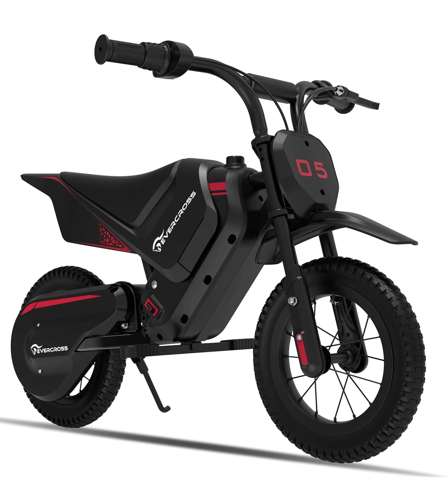 EVERCROSS EV05M electric kids motorcycle with 12-inch tires, 150W motor, 8/16 km/h speeds, designed for children aged 3-12.