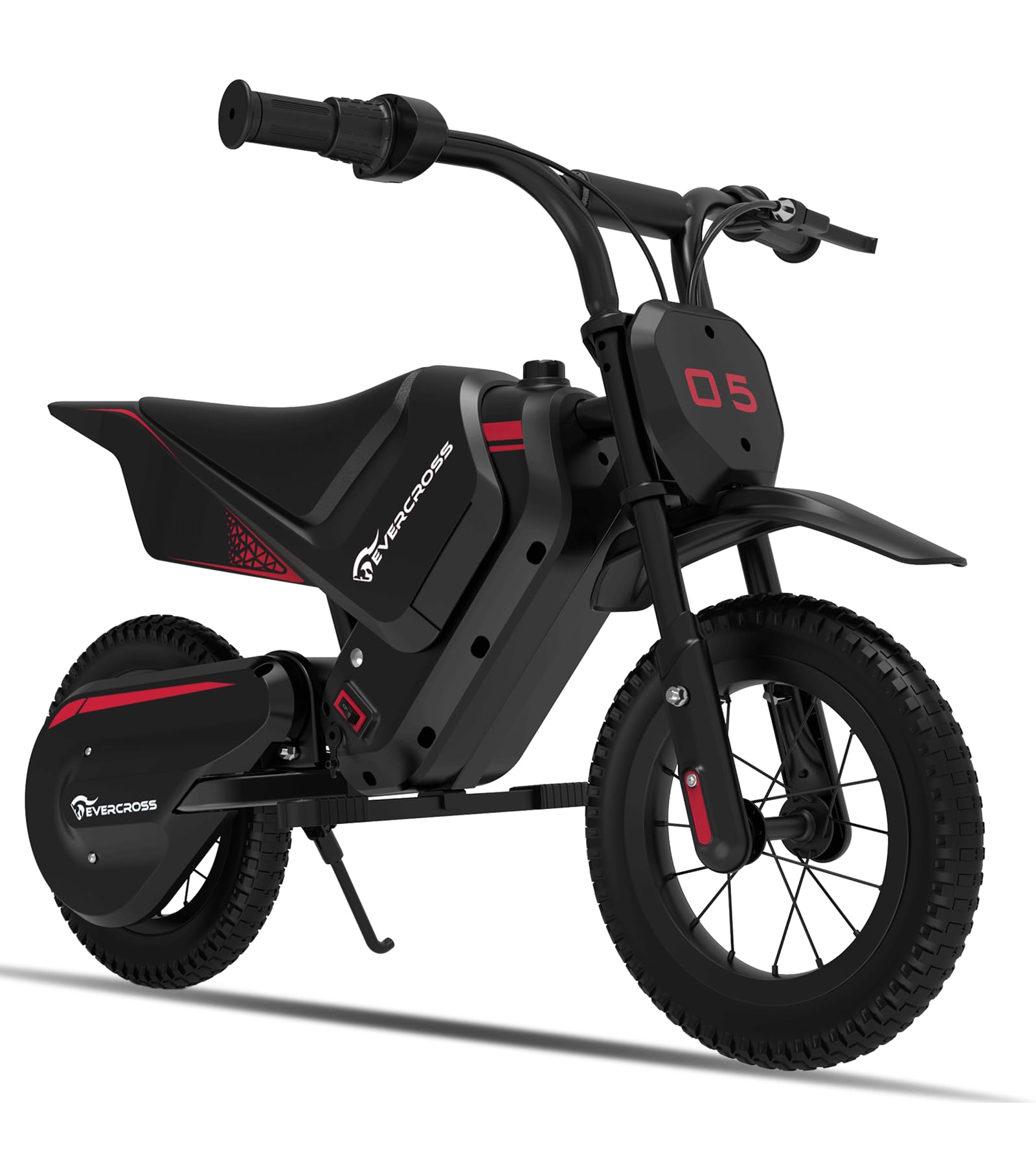 EVERCROSS EV05M electric kids motorcycle with 12-inch tires, 150W motor, 8/16 km/h speeds, designed for children aged 3-12.