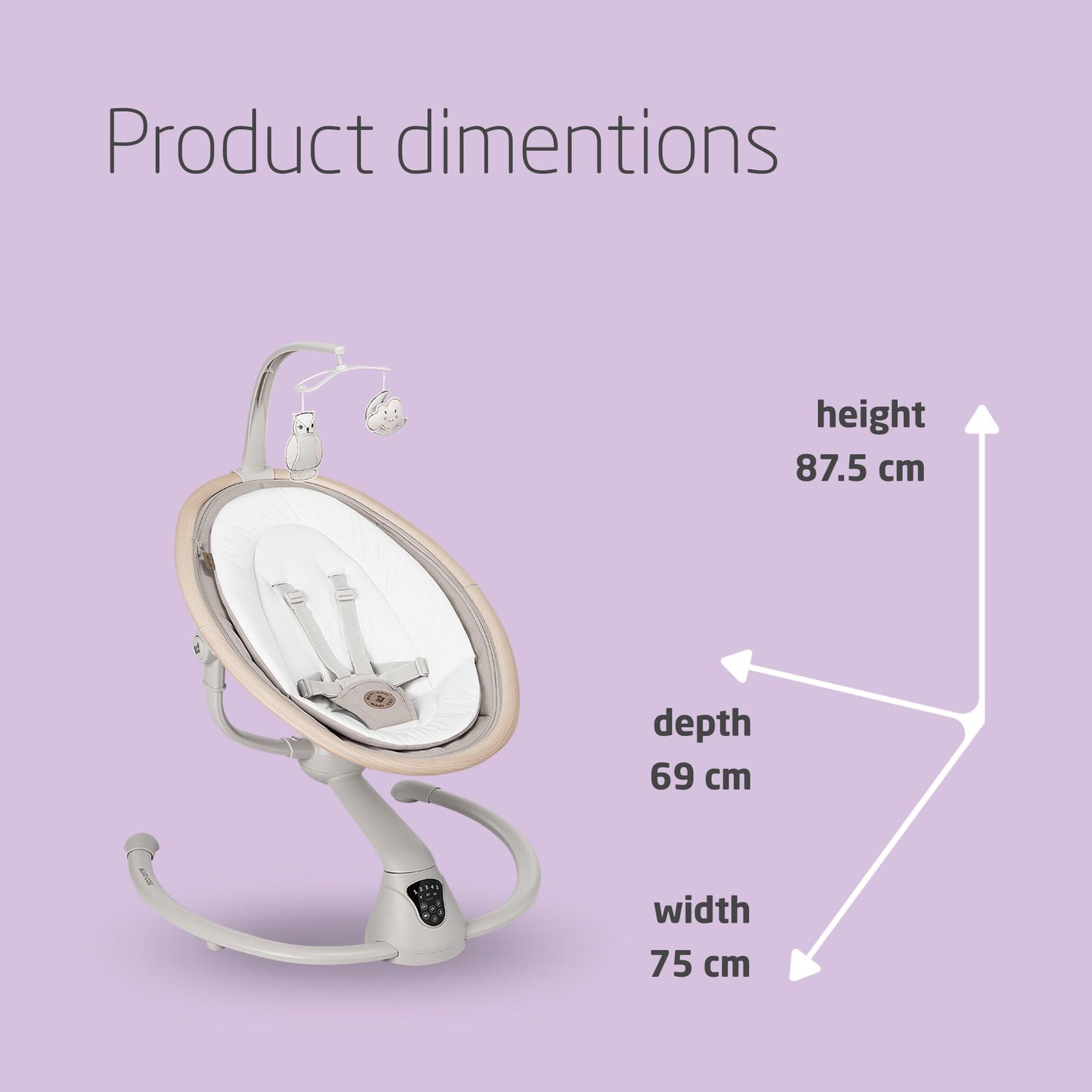 Maxi-Cosi Cassia electric baby swing chair in classic beige with 360° seat rotation, 12 melodies, and adjustable recline for infants.