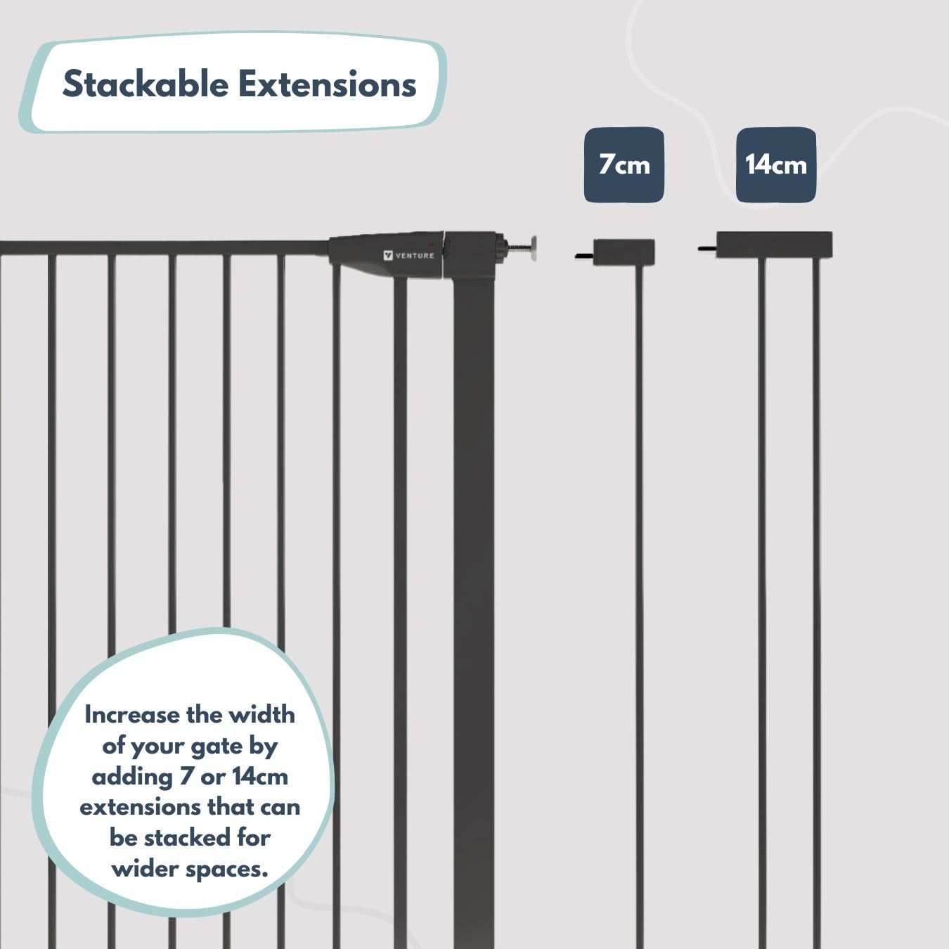 Venture Q-Fix 110cm tall baby gate with black pressure-fit design, auto-close, 90° two-way opening, suitable for stairs and doorways