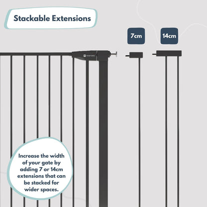 Venture Q-Fix 110cm tall baby gate with black pressure-fit design, auto-close, 90° two-way opening, suitable for stairs and doorways