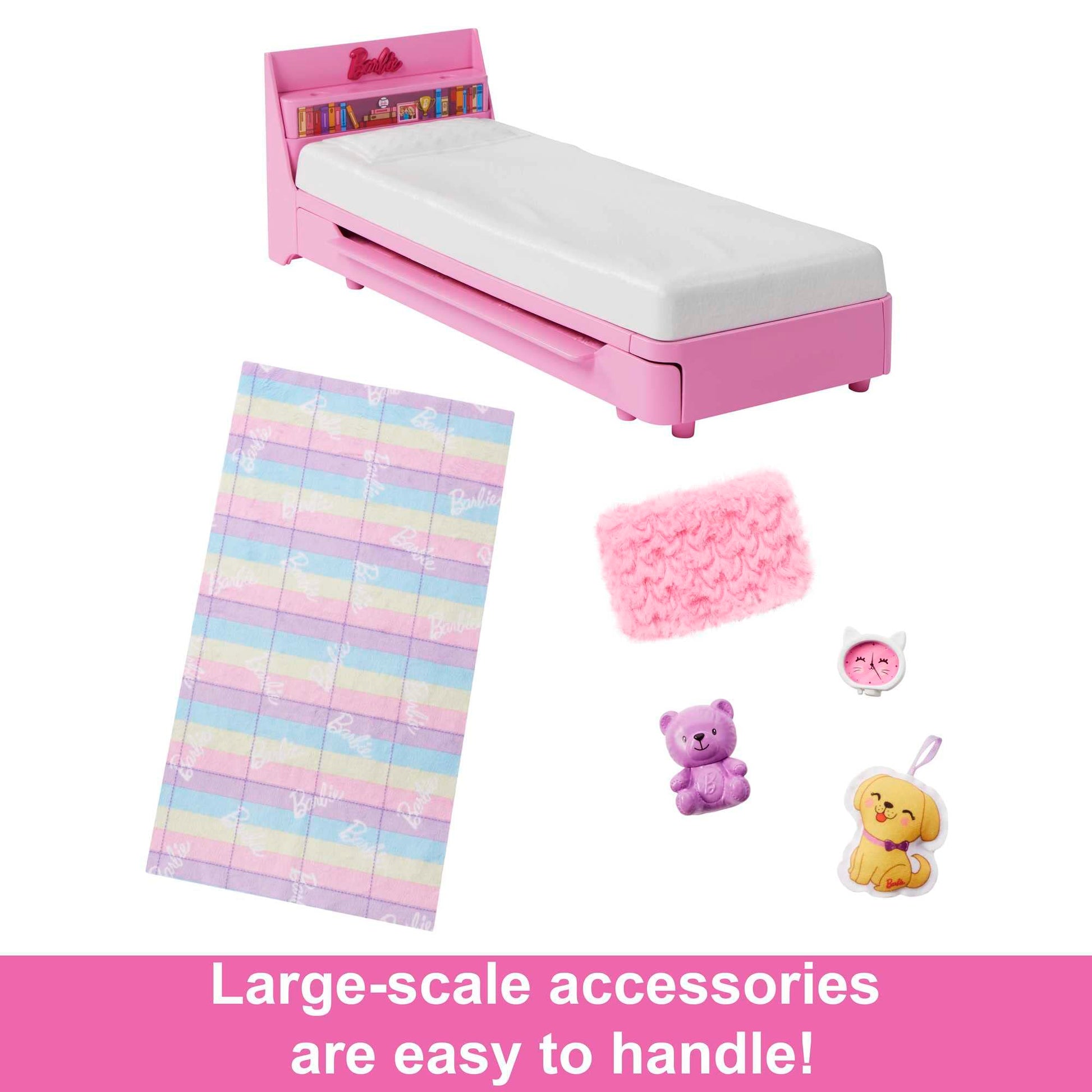 Barbie Bedtime Playset featuring a trundle bed, plush puppy, and accessories for preschoolers aged 3 and up.