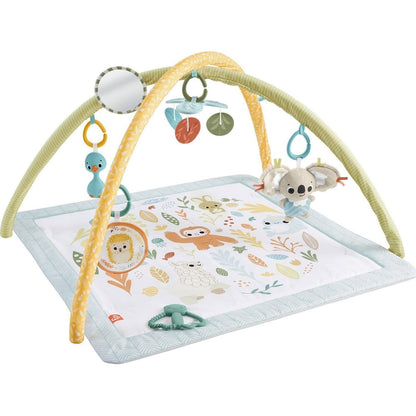 Fisher-Price Baby Playmat Simply Senses newborn gym with colorful sensory toys, mobile, and soft padded surface for developmental play.
