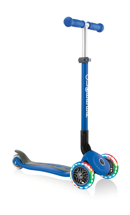 Globber Primo Foldable Lights Kids Scooter 120/80mm ABEC 5 3 Wheel Height Adjustable LED Wheels Dark Blue