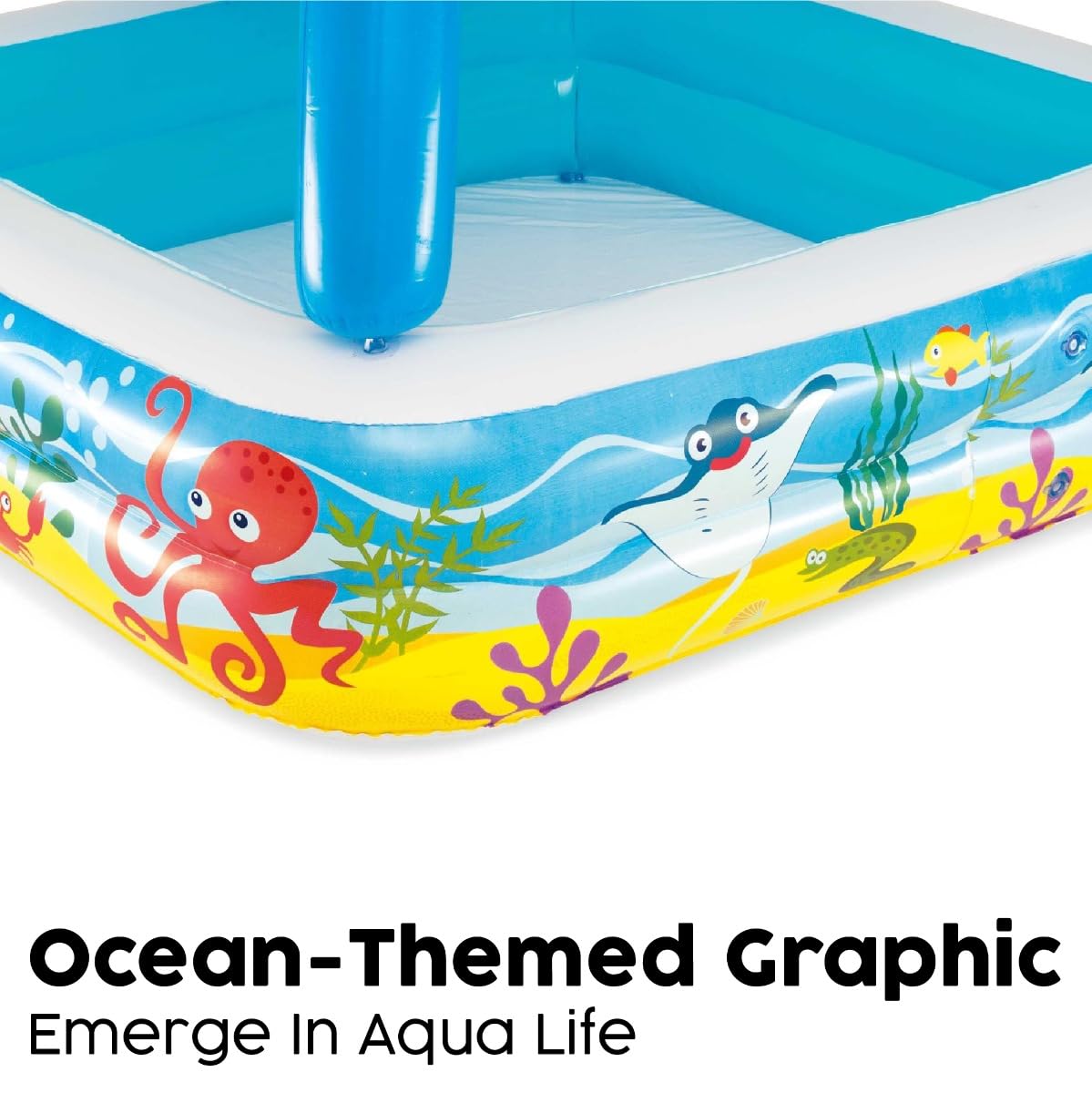 Bestway inflatable paddling pool for toddlers with shade canopy, designed for outdoor garden use, suitable for ages 2 and up.