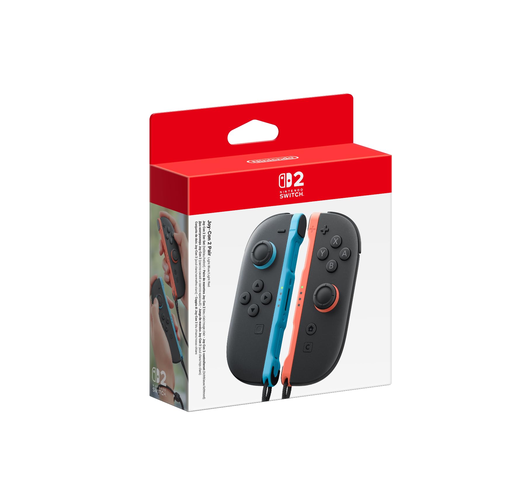Nintendo Joy-Con controllers, a pair in light blue and light red, shown with buttons and joystick features.