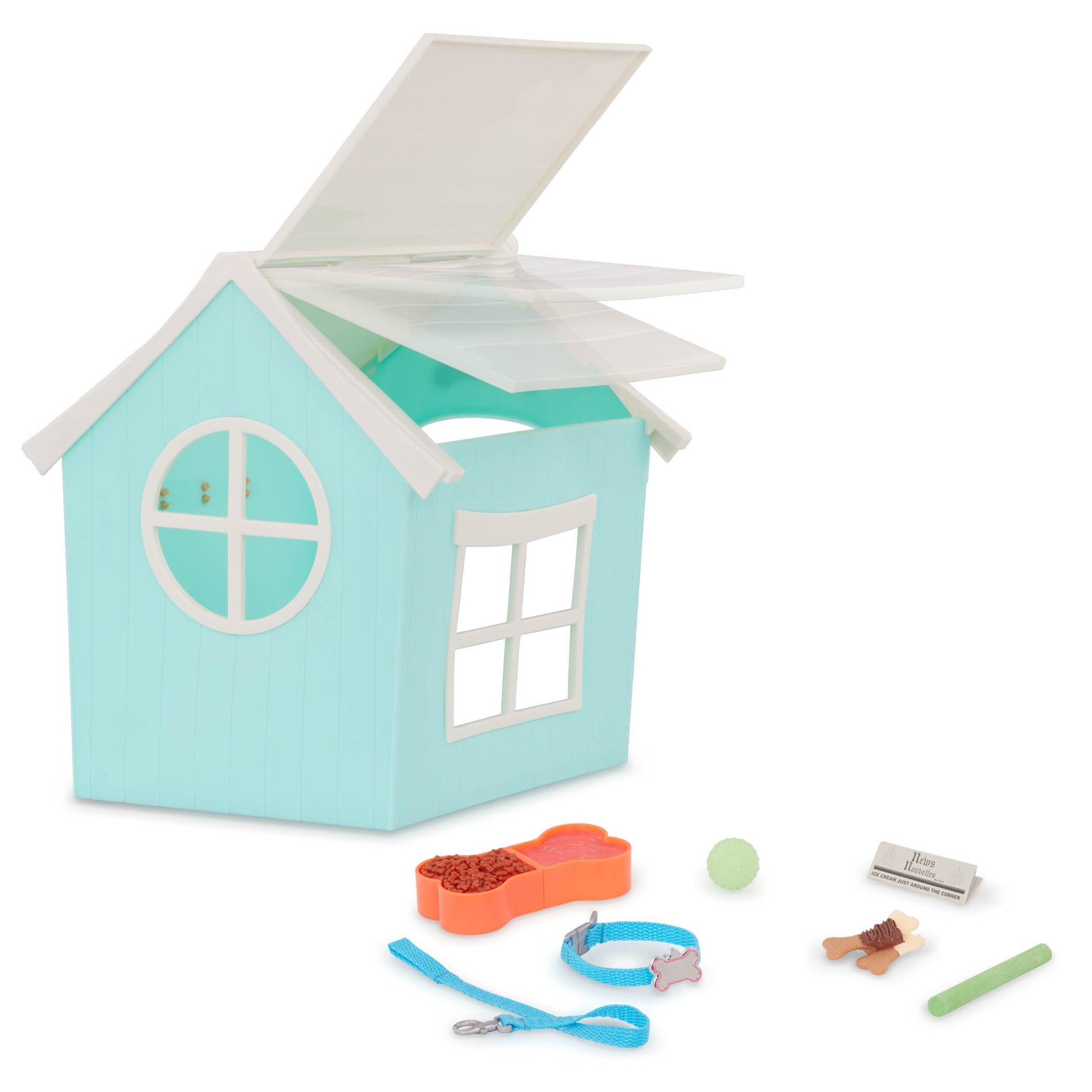 Our Generation Dog House Playset with plush puppy and accessories for 18-inch dolls, perfect for pretend play.