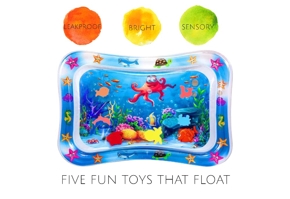 BabaBub inflatable water tummy time mat with colorful sensory toys for infants and toddlers, promoting development and motor skills.