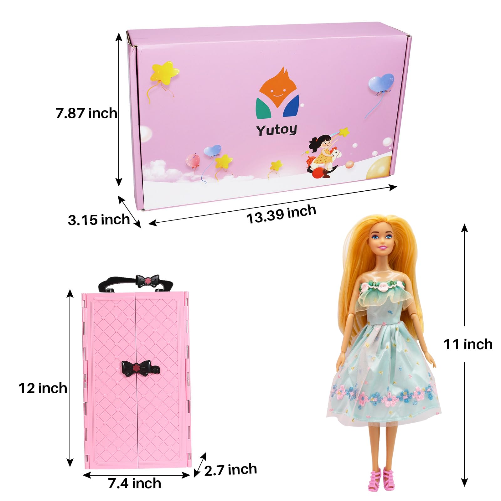 Yutoy dolls wardrobe set featuring a pink closet, 63 accessories, and outfits for 11.5-inch fashionista dolls.