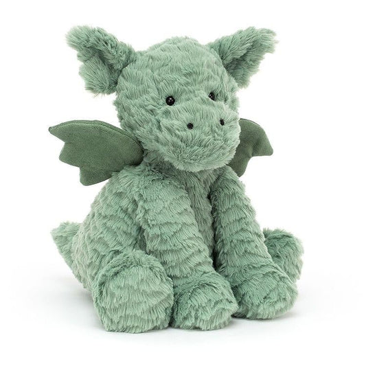 Medium Jellycat Fuddlewuddle Dragon plush toy, measuring 8 cm x 10 cm x 23 cm, with soft fur and friendly expression.