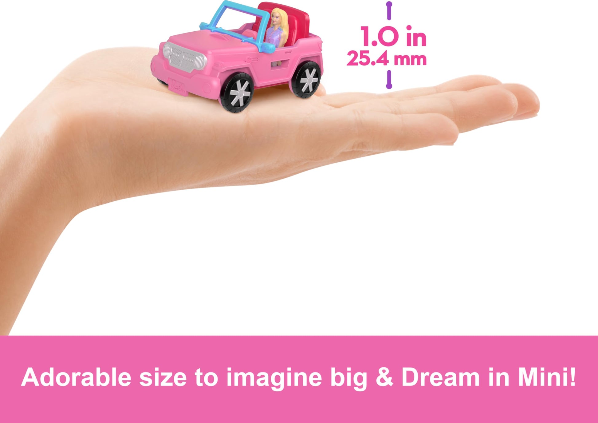Mini BarbieLand doll and toy vehicle set featuring a 1.5-inch Barbie doll, color-change SUV, and tent accessory by Barbie.