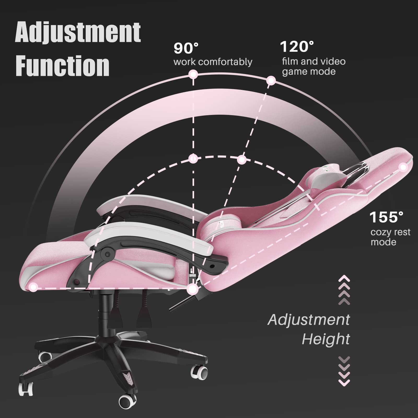 Pink bigzzia ergonomic gaming chair with lumbar cushion and headrest, height-adjustable office chair for adults, suitable for gaming and work.
