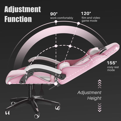Pink bigzzia ergonomic gaming chair with lumbar cushion and headrest, height-adjustable office chair for adults, suitable for gaming and work.