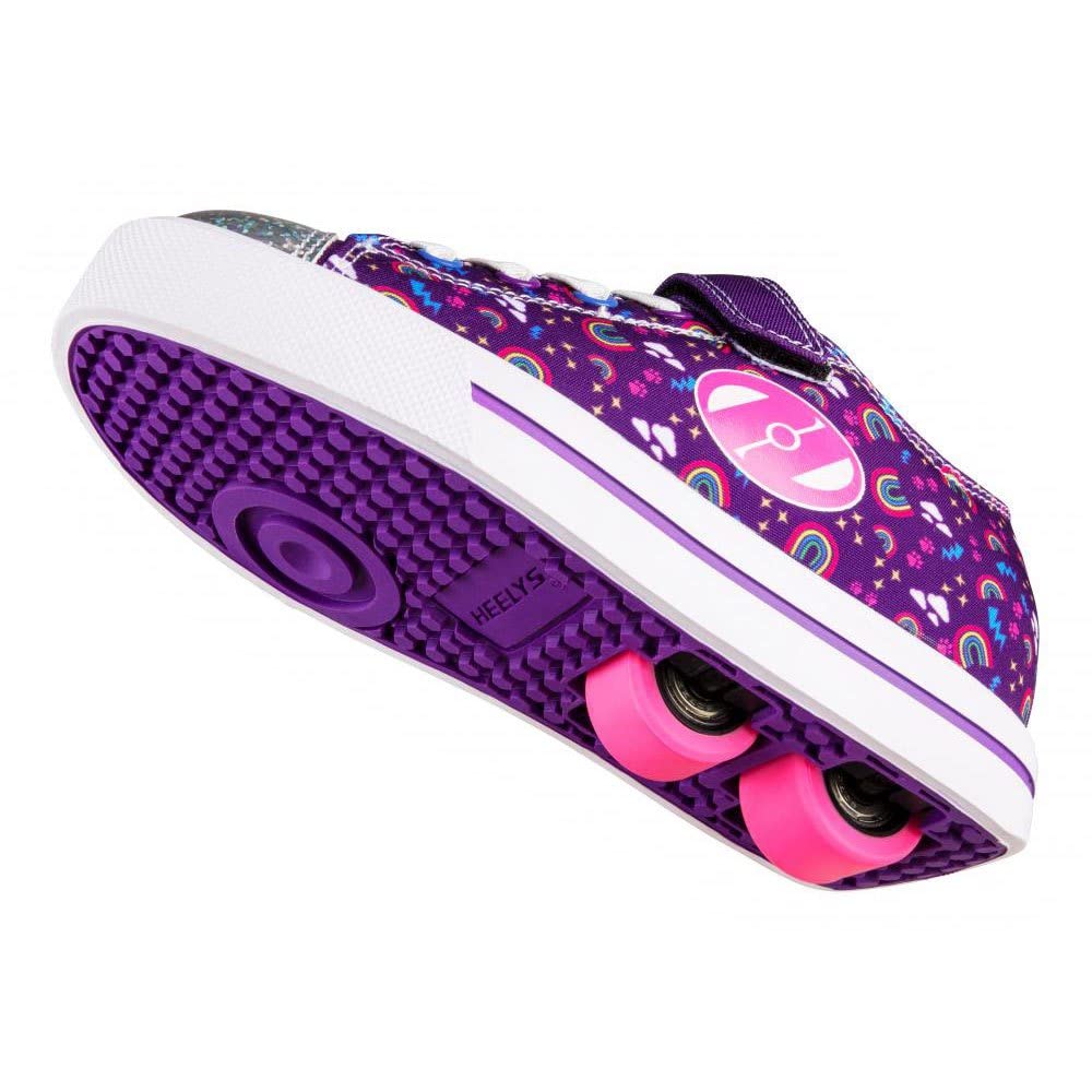 Heelys Girl's Snazzy X2 sneaker in purple with rainbow accents, size 1 UK, featuring wheels for rolling fun.