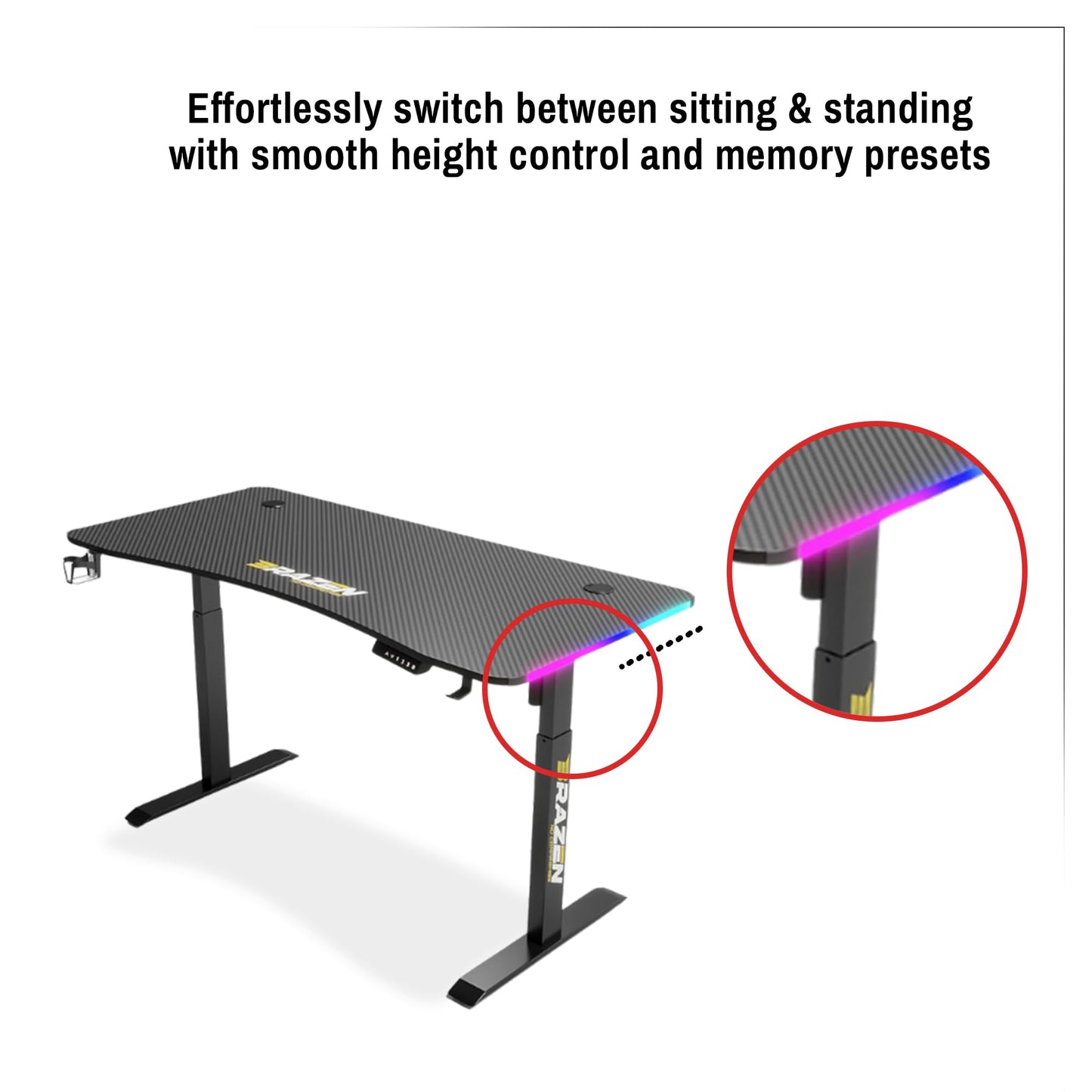 BraZen Esports Pro RGB height adjustable gaming desk with LED lights, black finish, designed for gamers and e-sports enthusiasts.