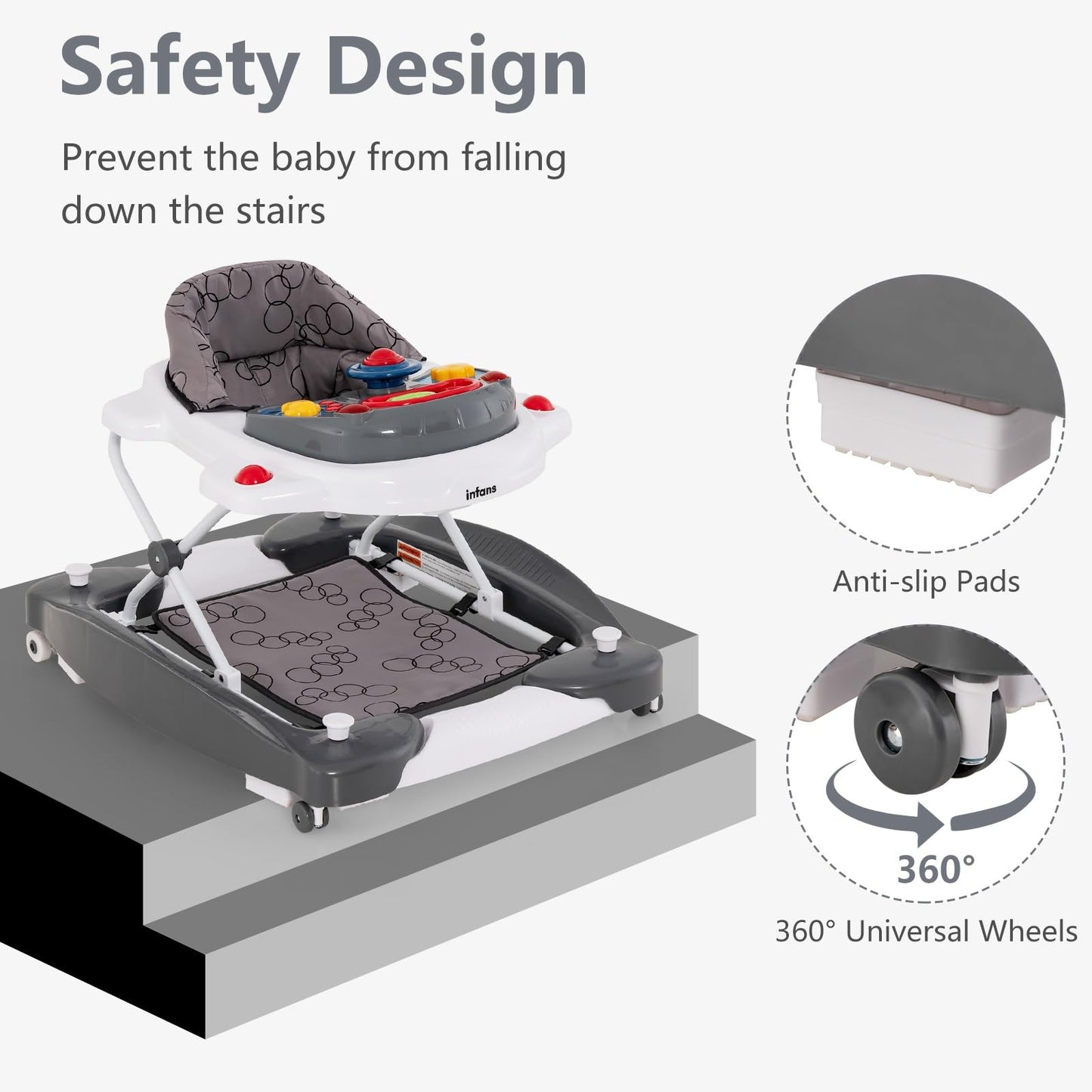 INFANS 5-in-1 baby walker with adjustable height, removable music tray, washable seat cushion, and foldable activity center for toddlers