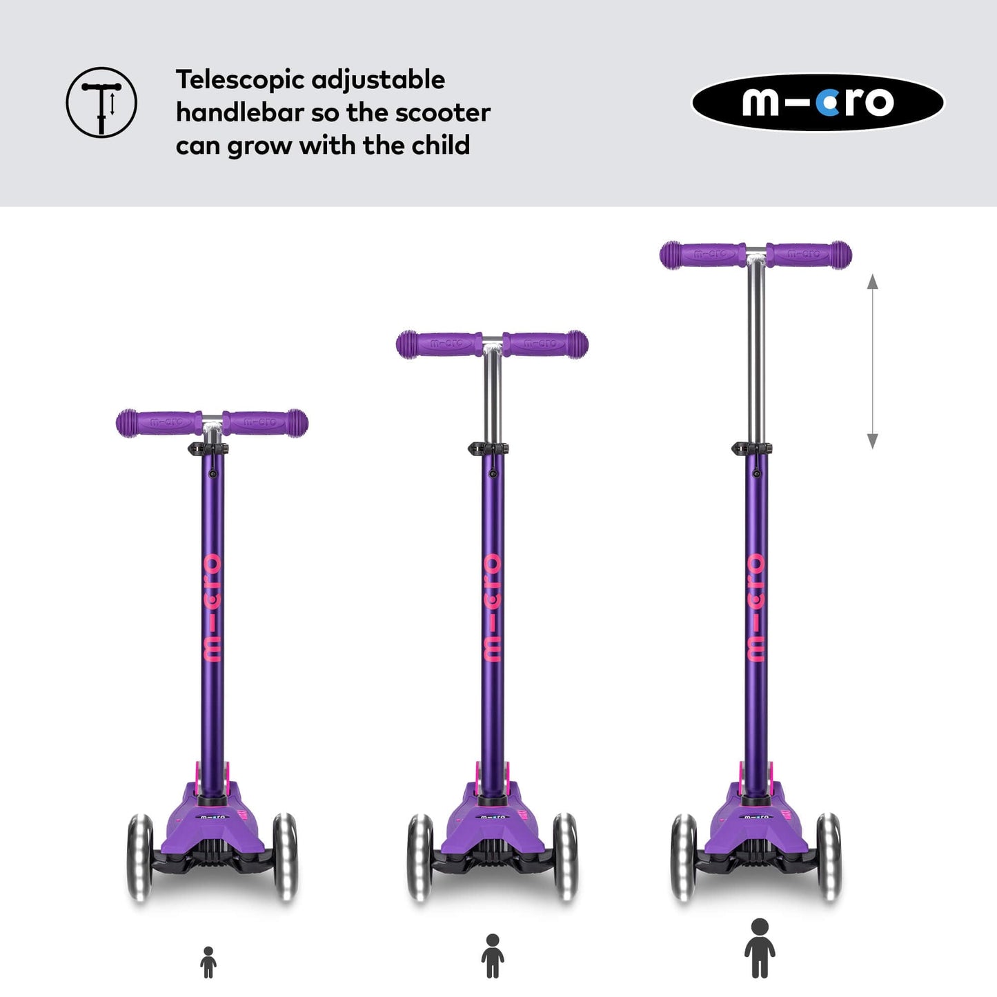 Purple Maxi Micro LED Deluxe scooter for kids, featuring big wheels and adjustable handlebar, suitable for ages 5-12.