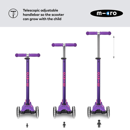 Purple Maxi Micro LED Deluxe scooter for kids, featuring big wheels and adjustable handlebar, suitable for ages 5-12.