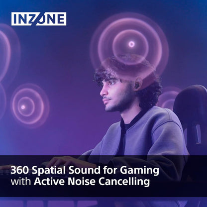 Sony INZONE Buds true wireless gaming earbuds with 360 Spatial Sound, active noise cancelling, lightweight design, and black finish.