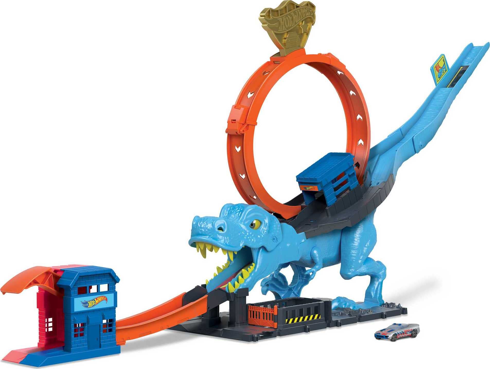 Hot Wheels City Racetrack T-Rex Chomp Down with giant loop and car stunt, includes one 1:64 scale toy car.