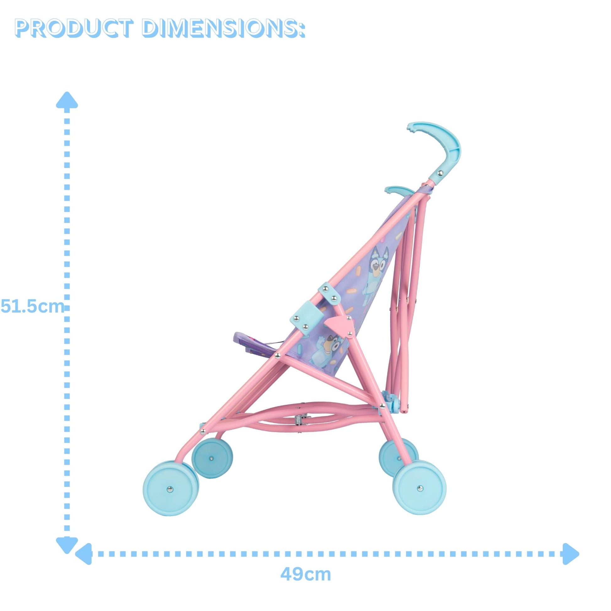 Bluey Buddy Buggy stroller for kids, lightweight double toy pram with Bluey print, foldable umbrella, and portable design for children ages 2+