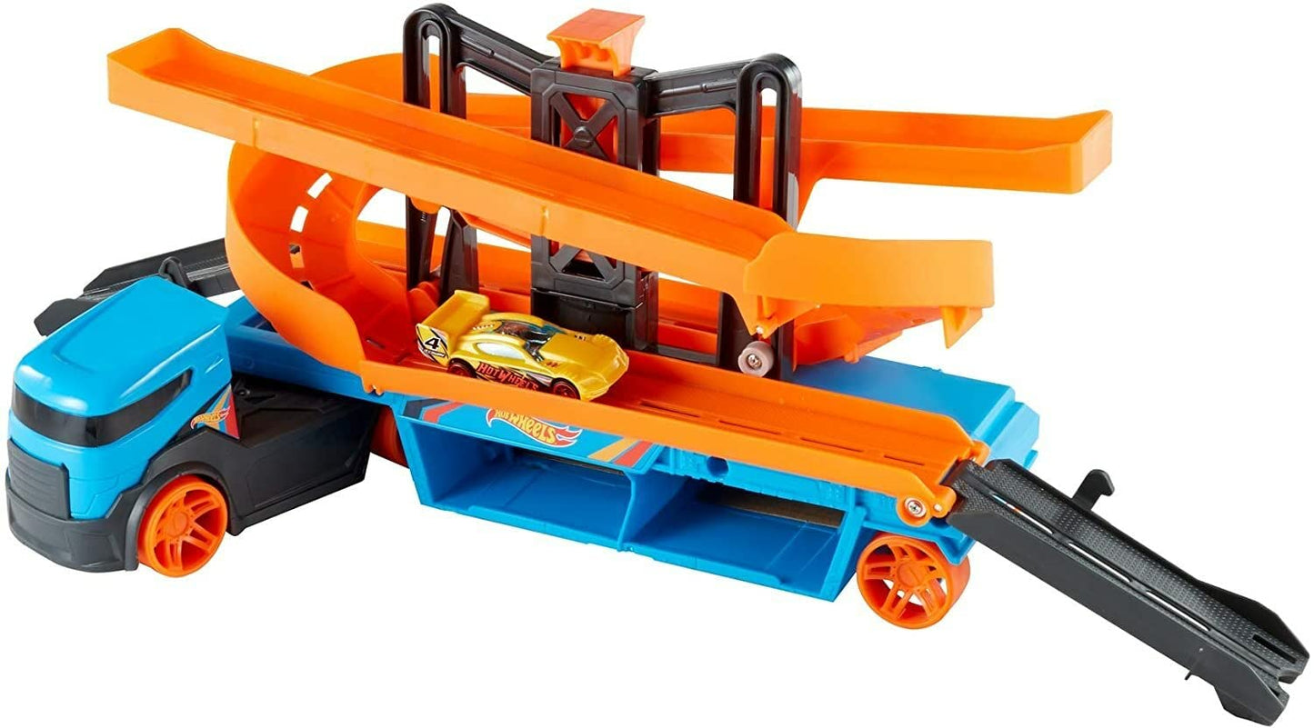 Hot Wheels City Lift & Launch Hauler Vehicle with Storage for up to 20 1:64 Cars, Lift and Launch Feature and 1 Hot Wheels Car, for 3 Year Olds and Up - GNM62