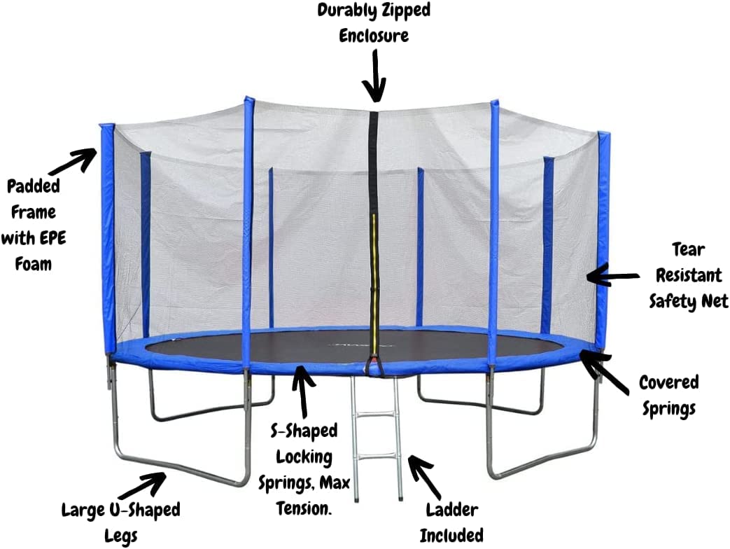 EVRE Trampoline 8ft Blue with Zipped Safety Enclosure Ladder Steel Frame Safety Pad TÜV Rheinland Certified Kids and Adults 244cm