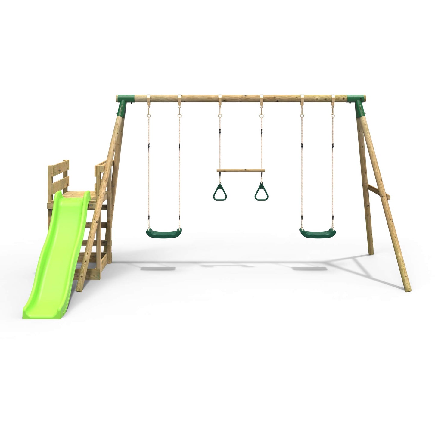 Rebo® Children's Wooden Swing Set Plus Deck and Slide - Comet Green | OutdoorToys | Kids' Playset - Sturdy Construction, Pressured Treated Timber, Soft-Feel Ropes