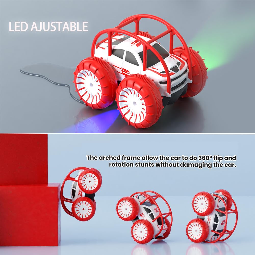 MaxTronic Direct Charging Remote Control Car for Kids, Amphibious RC Cars Toy 2.4G 360° Flips Rotation 15KM/H 4WD All Terrain Stunt Car with Ajustable LED for Boys Girls 3-12 Years Old