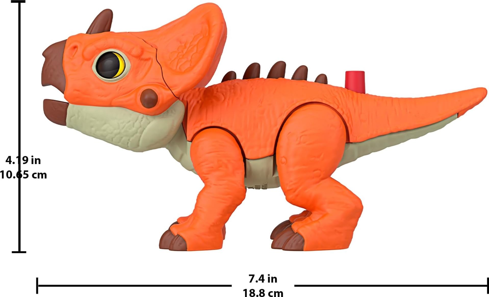 Fisher-Price Imaginext Jurassic World Aquilops dinosaur action figure with growing spikes and kid-activated motion, 7.75 inches tall.