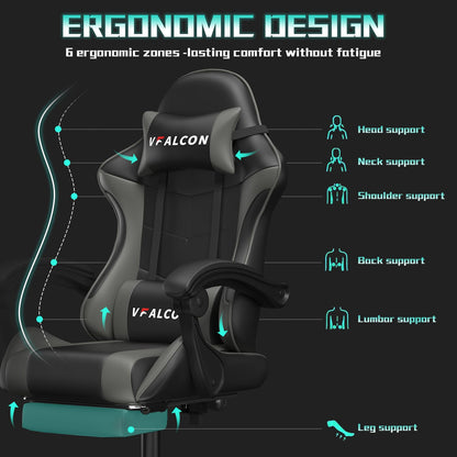 Vfalcon XTREME gaming chair in grey with ergonomic design, reclining feature, adjustable height, footrest, and 360° swivel.