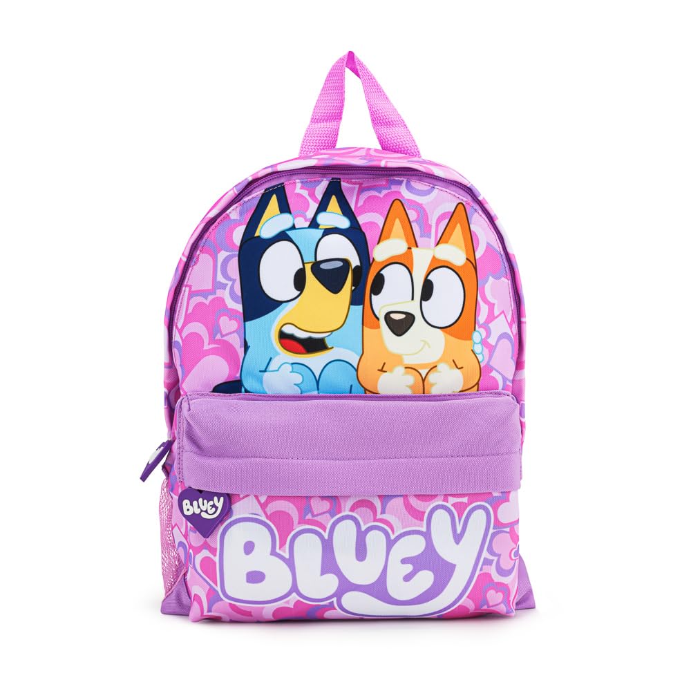 Bluey Girls Backpack featuring lilac color, heart print, kangaroo pocket, and padded straps, ideal for toddlers aged 2-7 years.