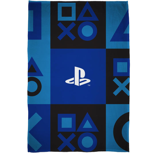 PlayStation fleece blanket with controller icons check design, super soft bed throw, 100x150cm for cozy bedroom use.