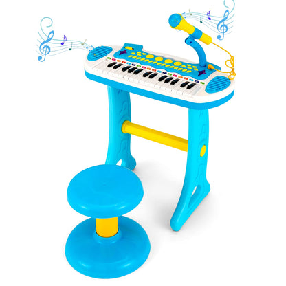 COSTWAY 31-key blue kids electronic keyboard with stool, microphone, flashing lights, and recording functions for children.