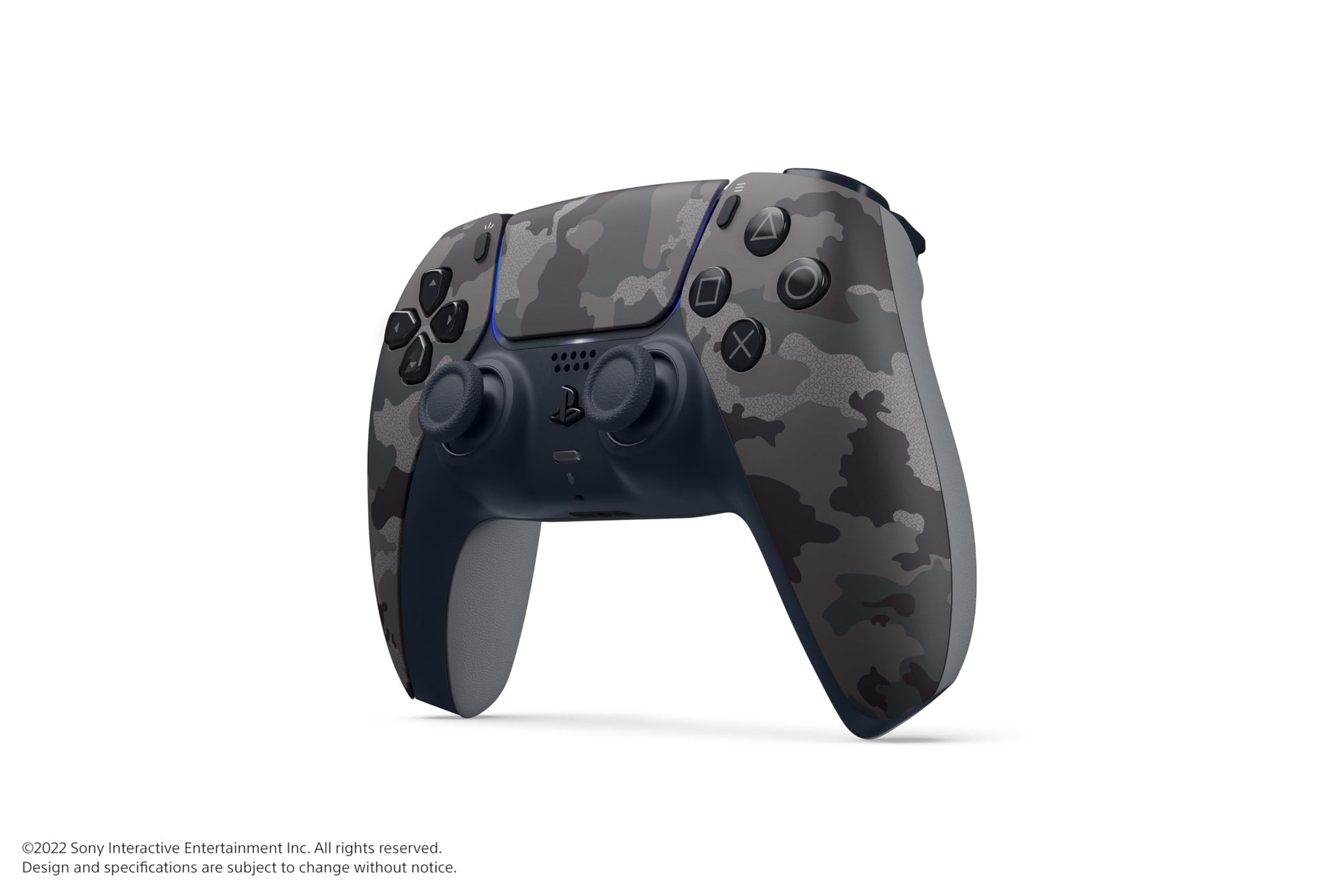 Sony PlayStation 5 DualSense wireless controller in gray camouflage design for PS5 gaming console.