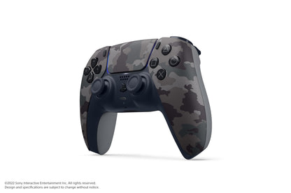 Sony PlayStation 5 DualSense wireless controller in gray camouflage design for PS5 gaming console.