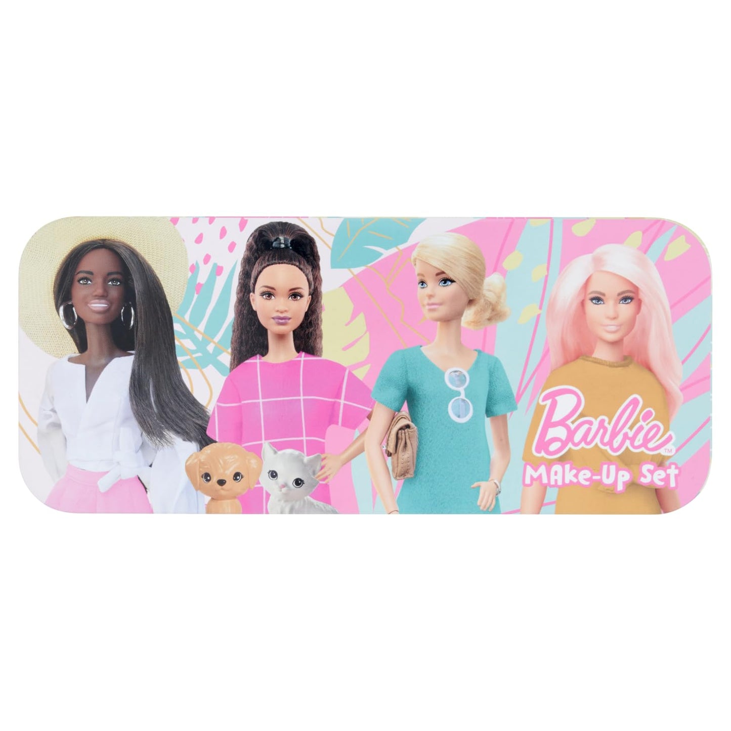 Barbie Make-Up Collection keepsake tin with children's makeup set for girls, featuring colorful makeup products inside.