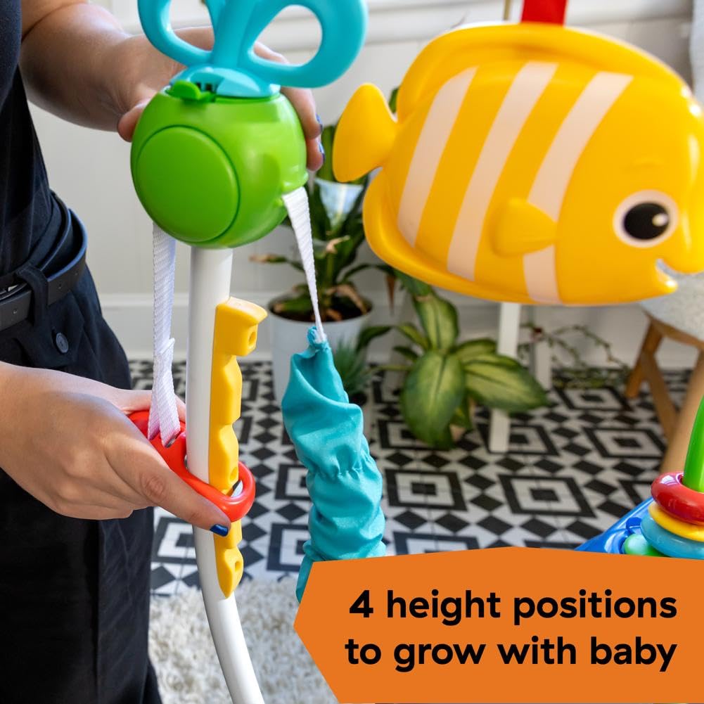 Baby Einstein Neptune's Ocean Discovery Activity Jumper with removable toys, colorful play center, adjustable heights, 360° rotation for babies.