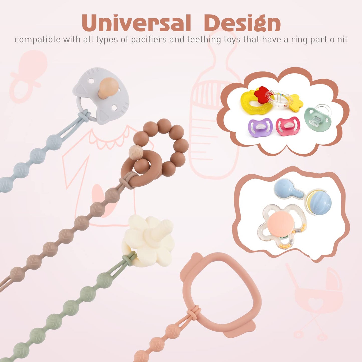 EYOGO silicone dummy clip set with wooden accents, fits most pacifiers and teething toys for baby boys and girls, two-pack in clay and dark grey.