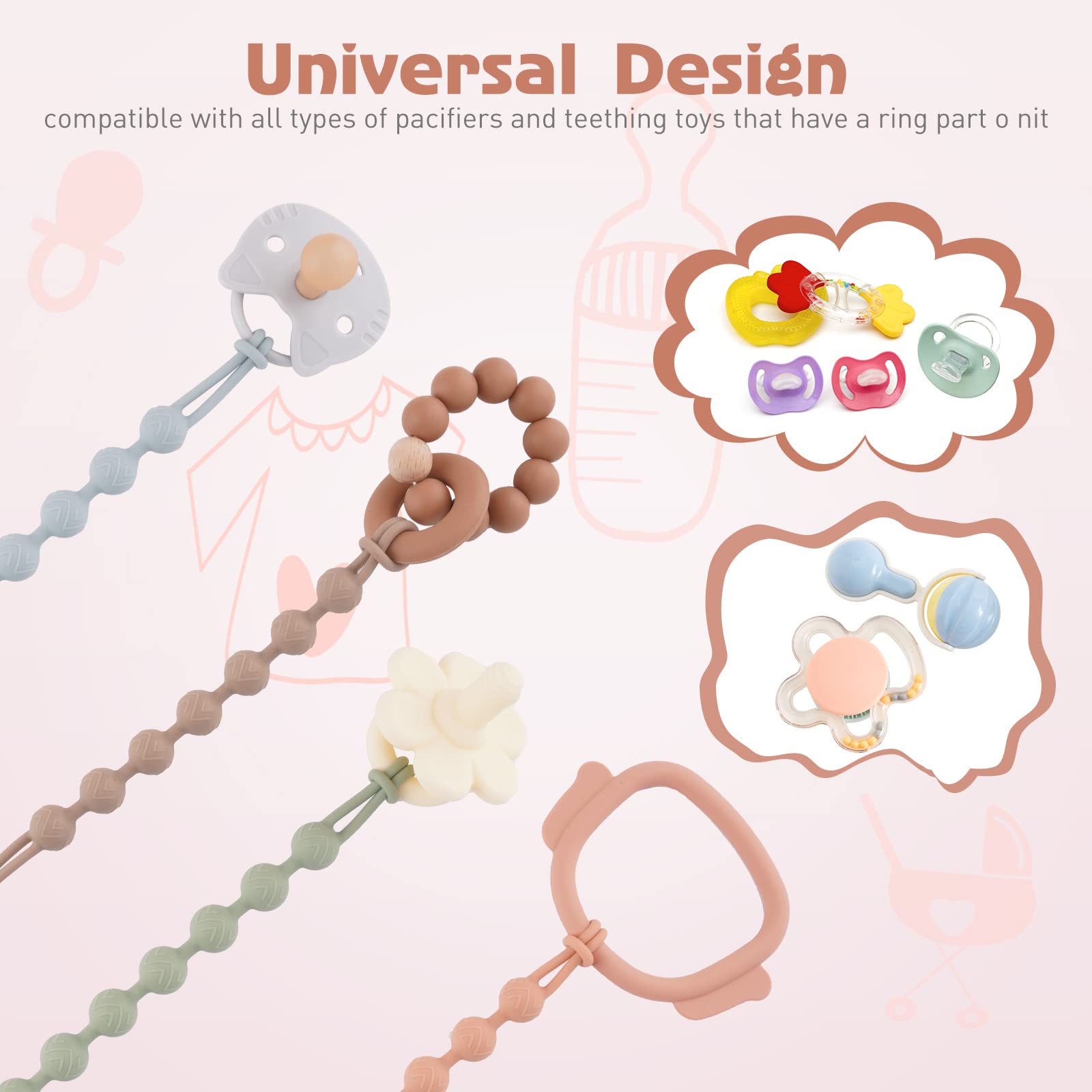 EYOGO silicone dummy clip set with wooden accents, fits most pacifiers and teething toys for baby boys and girls, two-pack in clay and dark grey.