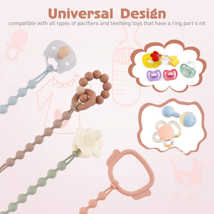 EYOGO silicone dummy clip set with wooden accents, fits most pacifiers and teething toys for baby boys and girls, two-pack in clay and dark grey.