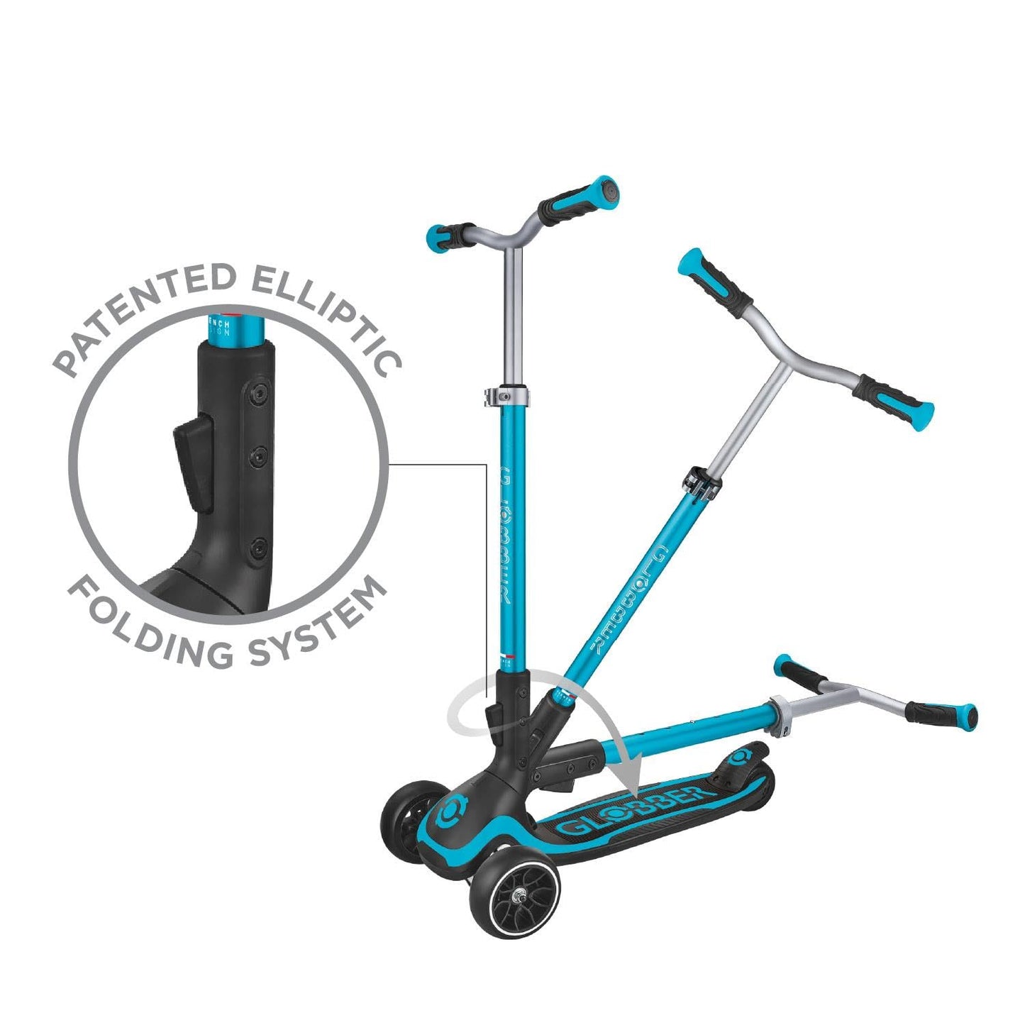 Globber Ultimum aqua 3 wheel scooter with adjustable height, wide deck, and patented steering system for ages 5 and up.