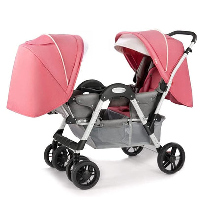 Double Infant Stroller for Twins - Cozy Compact Foldable Baby Pram With Oversized Canopy, Double Seat Tandem Seating (Pink)