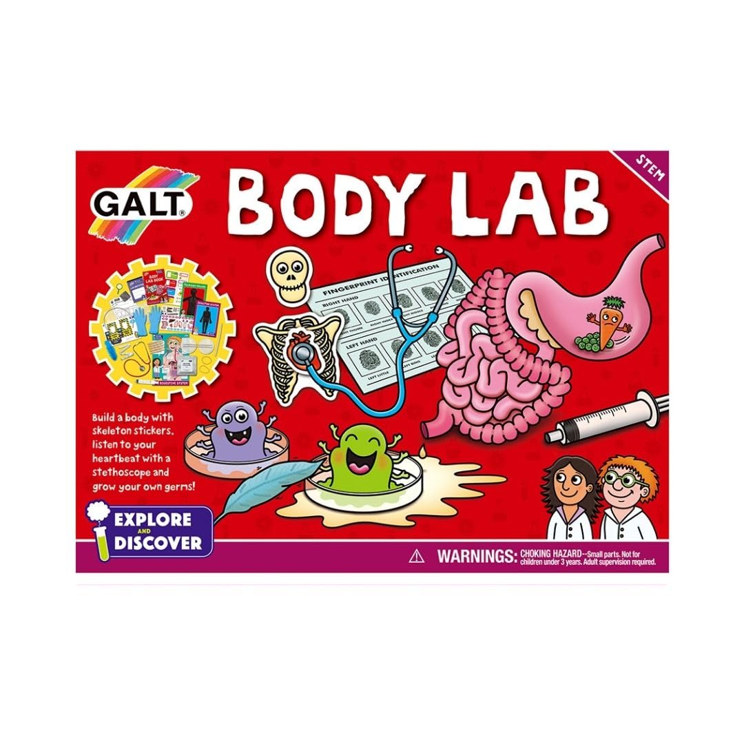 Galt Body Lab science kit with stethoscope, Petri dishes, magnifying glass, and tools for 14 biology experiments for kids 6+