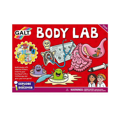 Galt Body Lab science kit with stethoscope, Petri dishes, magnifying glass, and tools for 14 biology experiments for kids 6+